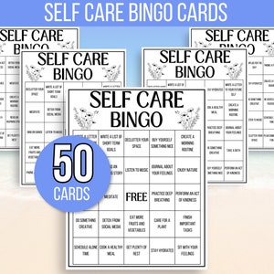 May include: Fifty black and white self-care bingo cards with a variety of self-care activities to choose from.  The cards are designed to help people focus on their well-being and mental health.