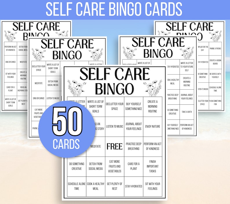 May include: Fifty black and white self-care bingo cards with a variety of self-care activities to choose from.  The cards are designed to help people focus on their well-being and mental health.
