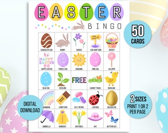 Easter Bingo, 50 Printable Easter Bingo Cards, Easter Activity For Kids, Kids Easter Party Game, Easter Classroom Activity, Easter Game