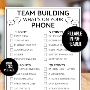 Puede incluir: Juego imprimible en blanco y negro para la creación de equipos titulado "What's on Your Phone". El juego incluye desafíos basados en puntos como "Funny Video" y "Battery Less Than 10%". El juego se puede rellenar en un lector de PDF.
