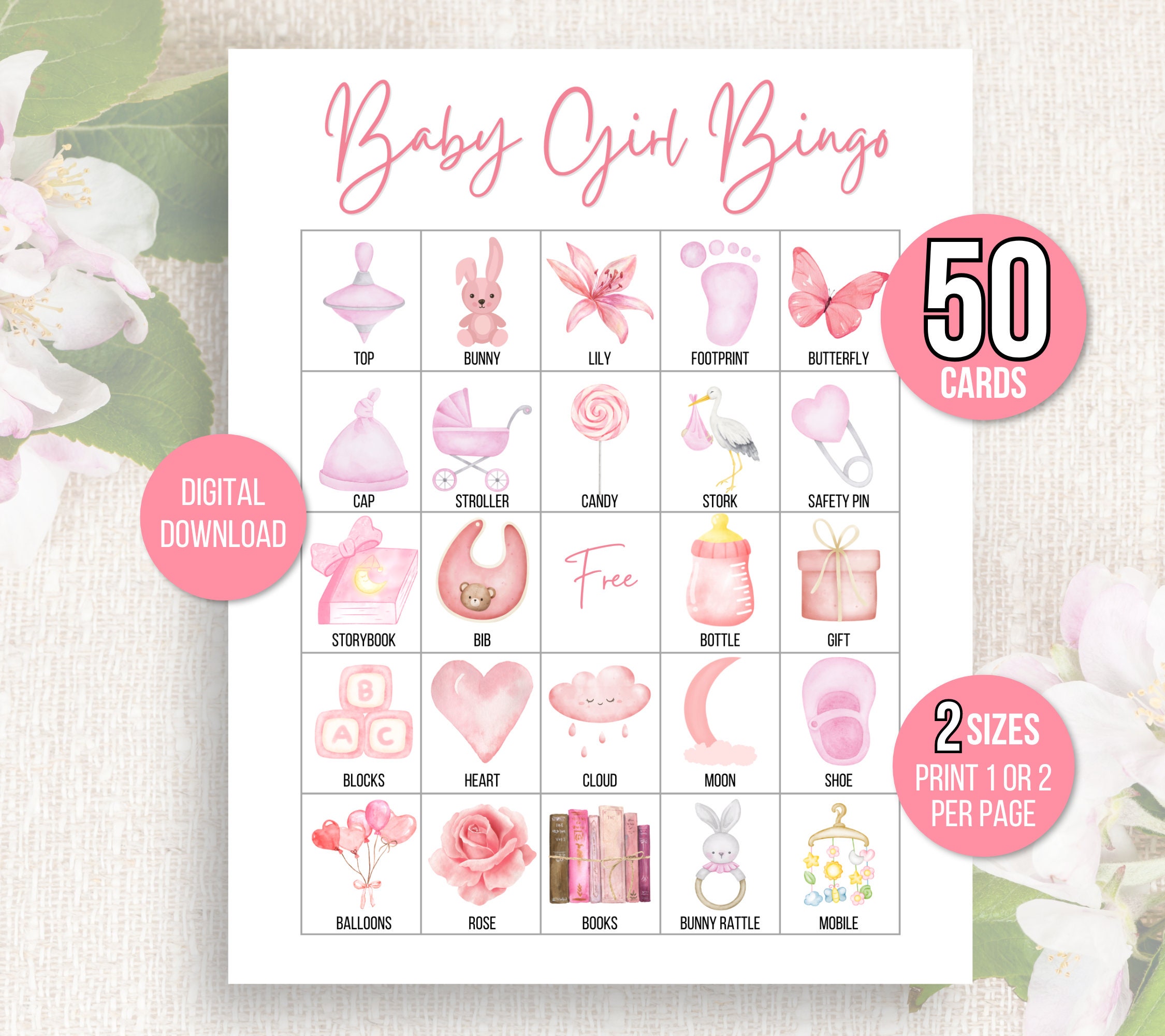 Baby Girl Bingo, 50 Baby Shower Bingo Cards, Baby Girl Shower Printable Game, Baby Bingo Game, Baby Girl Bingo Cards, Baby Sprinkle, Pink