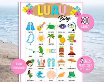 Luau Bingo, Aloha Bingo, Hawaiian Bingo, 30 Printable Luau Bingo Cards, Luau Birthday, Luau Party Game, Luau Birthday Party, Hawaiian Games