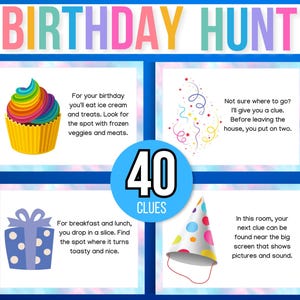 Indoor Birthday Treasure Hunt, Indoor Birthday Scavenger Hunt, 40 Treasure Hunt Birthday Clues, Kids Treasure Hunt Clues, Birthday Printable
