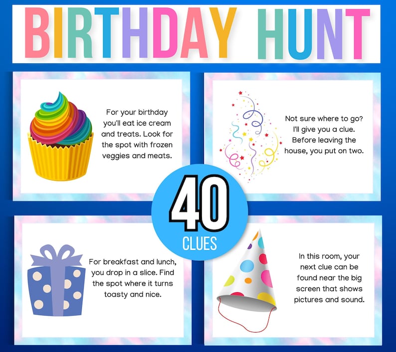 Indoor Birthday Treasure Hunt, Indoor Birthday Scavenger Hunt, 40 Treasure Hunt Birthday Clues, Kids Treasure Hunt Clues, Birthday Printable