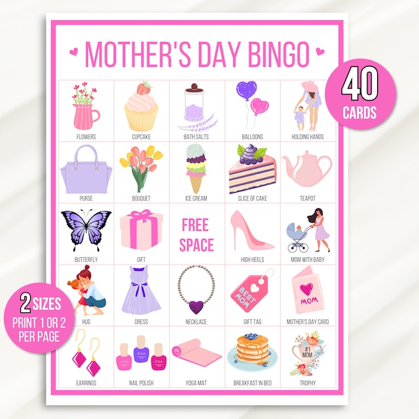 Bingo imprimible del Día de la Madre, 40 tarjetas de bingo del Día de la Madre, Actividad del Día de la Madre para niños, Juego de fiesta del Día de la Madre para niños, Actividad en el aula