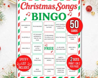 Christmas Songs Bingo, 50 Printable Christmas Songs Bingo Cards, Christmas Music Bingo, Christmas Bingo, Christmas Party Game, Holiday Bingo