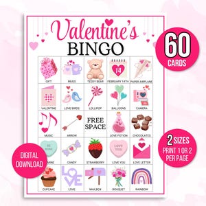 Bingo de la Saint-Valentin, 60 cartes de bingo de la Saint-Valentin pour les enfants, Bingo de la Saint-Valentin, jeu imprimable de la Saint-Valentin, jeu de fête de la Saint-Valentin
