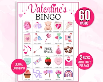 Valentine&#39;s Day Bingo, 60 Valentine&#39;s Day Bingo Cards for Kids, Valentines Bingo, Valentines Printable Game, Valentine&#39;s Party Game