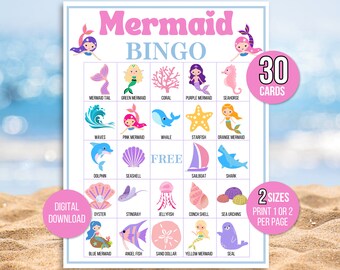 Mermaid Bingo, 30 Printable Mermaid Bingo Cards, Mermaid Game, Mermaid Activity, Kid's Printable Bingo Game, Bingo Game for Kids, Girls Game