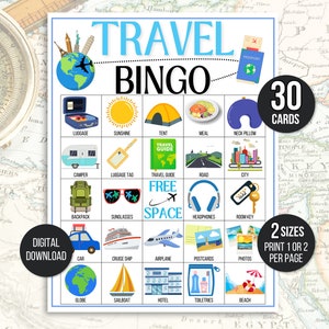 Bingo de viagem, 30 cartões de bingo de viagem para impressão, bingo de cruzeiro, bingo de viagem, jogo de viagem, bingo de férias, atividade de viagem, bingo de verão