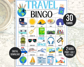 Bingo de viajes, 30 tarjetas imprimibles de bingo de viajes, bingo de cruceros, bingo de viajes por carretera, juego de viajes, bingo de vacaciones, actividad de viaje, bingo de verano
