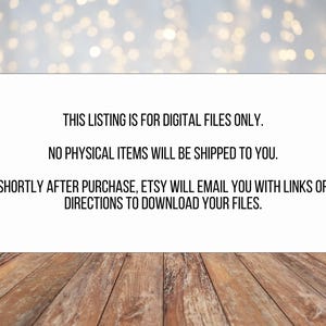 Puede incluir: Texto sobre un fondo blanco con texto negro que dice: "Esta lista es para archivos digitales &uacute;nicamente. No se enviar&aacute;n art&iacute;culos f&iacute;sicos. Poco despu&eacute;s de la compra, Etsy te enviar&aacute; un correo electr&oacute;nico con enlaces o instrucciones para descargar tus archivos."