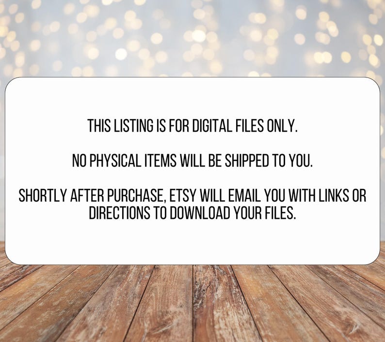 Puede incluir: Texto sobre un fondo blanco con texto negro que dice: "Esta lista es para archivos digitales &uacute;nicamente. No se enviar&aacute;n art&iacute;culos f&iacute;sicos. Poco despu&eacute;s de la compra, Etsy te enviar&aacute; un correo electr&oacute;nico con enlaces o instrucciones para descargar tus archivos."