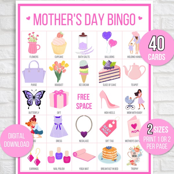 Printable Mother's Day Bingo, 40 Mother's Day Bingo Cards, Mother's Day Activity For Kids, Kids Mother's Day Party Game, Classroom Activity