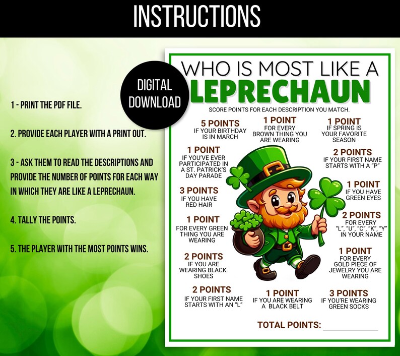 St. Patrick's Day Game, Who is Most Like a Leprechaun Game, St. Patrick's Day Activity, St. Patrick's Day Games for Kids, Leprechaun Game