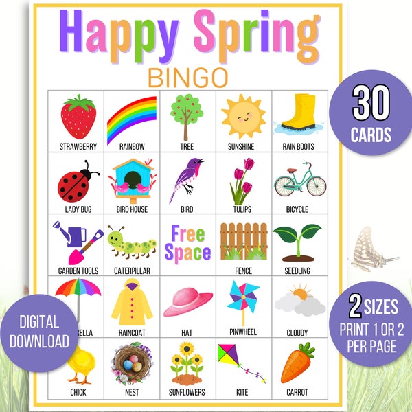 Spring Bingo, 30 Spring Bingo Cards, Spring Activity For Kids, Kids Spring Party Game, Spring Classroom Activity, Spring Game, Happy Spring