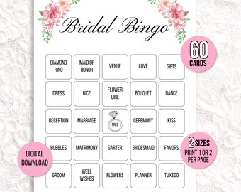 60 Bridal Bingo Cards, Unique Prefilled Bridal Bingo Game Cards, Wedding Bingo Cards, Bridal Shower Bingo Game, Wedding Bingo, Couples Game