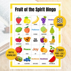 Bingo del Fruto del Espíritu, Bingo Bíblico, 30 Tarjetas de Bingo del Fruto del Espíritu, Actividad Bíblica para Niños, Juego Bíblico, Juego del Fruto del Espíritu