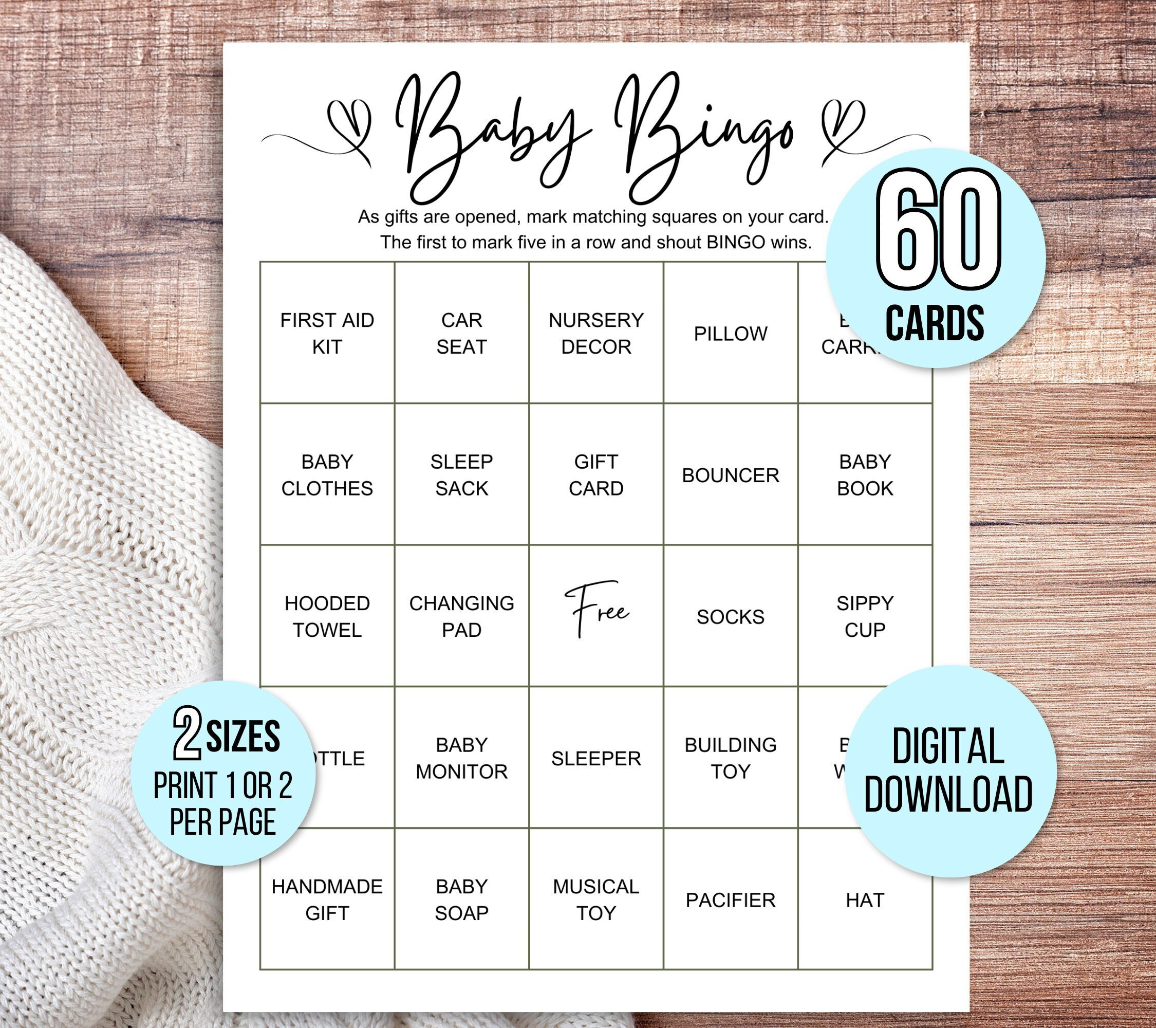 60 Baby Shower Bingo Cards, Unique Prefilled Baby Bingo Game Cards, Baby Gift Bingo Cards, Baby Shower Bingo Game, Minimalist Baby Bingo
