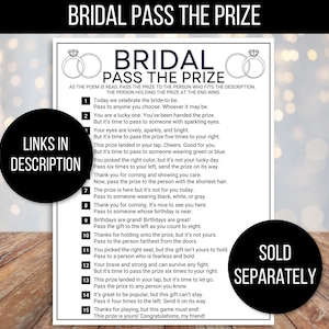 Puede incluir: Tarjeta de juego de despedida de soltera imprimible en blanco y negro con el t&iacute;tulo "Bridal Pass the Prize". Las instrucciones del juego est&aacute;n escritas en formato de poema con 15 pasos numerados.