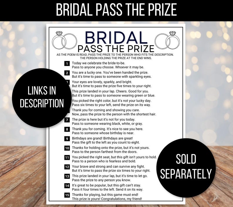 Puede incluir: Tarjeta de juego de despedida de soltera imprimible en blanco y negro con el t&iacute;tulo "Bridal Pass the Prize". Las instrucciones del juego est&aacute;n escritas en formato de poema con 15 pasos numerados.