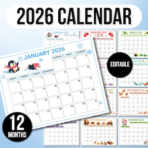 Calendário 2026, Calendário Infantil Fofo 2026, Agenda Mensal 2026, Agenda 2026, Calendário de Parede 2026, Agenda Mensal 2026, Agenda Editável 2026