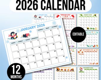 Kalender 2026, Leuke kinderkalender 2026, Maandplanner 2026, Planner 2026, Wandkalender 2026, Maandplanner 2026, Bewerkbare planner 2026