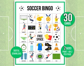 Voetbalbingo, 30 voetbalbingokaarten, voetbalspel, voetbalactiviteit, Kid's afdrukbaar bingospel, voetbalbingospel voor kinderen, kindervoetbalspel