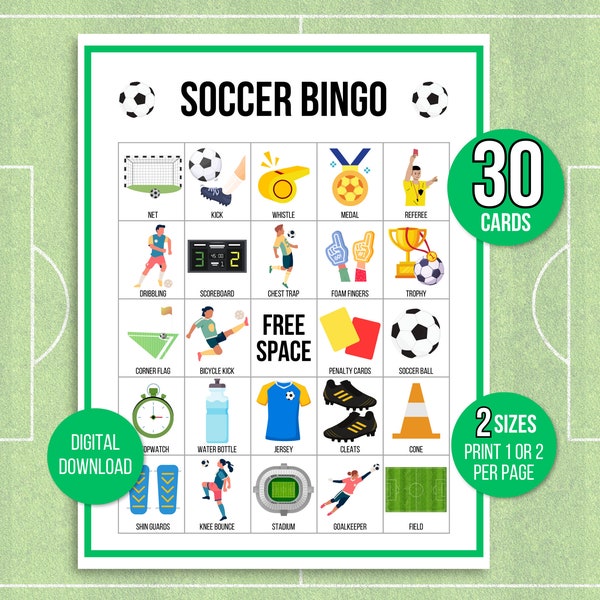 Soccer Bingo, 30 Soccer Bingo Cards, Soccer Game, Soccer Activity, Kid's Printable Bingo Game, Soccer Bingo Game for Kids, Kids Soccer Game