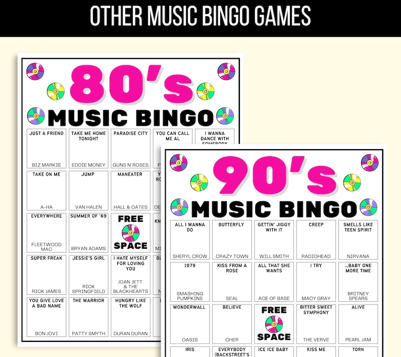 70s, 80s, 90s Music Bingo, Decades of Hits Bingo, 70s to 90s Bingo, 70s Music Bingo, 80s Music Bingo, 90s Music Bingo, 50 Music Bingo Cards