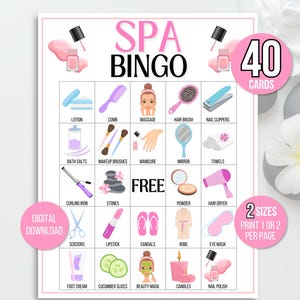 Spa Bingo, 40 carte Spa Bingo, gioco per feste di compleanno in spa, gioco per feste per ragazze, festa in spa, gioco in spa, festa di coccole, festa di manicure, festa di pedicure