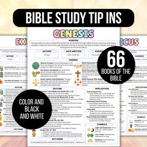 May include: A Bible study guide with the title "Bible Study Tip Ins" and the word "Genesis" in large letters. The guide includes outlines, themes, and applications for studying the Bible. A black circle with the words "Color and Black and White" is in the lower left corner.