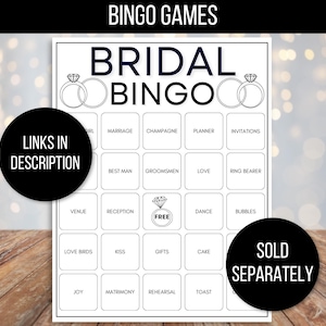 Puede incluir: Una tarjeta de bingo de boda imprimible en blanco y negro con las palabras "BRIDAL BINGO" en la parte superior. La tarjeta tiene 25 casillas con varias palabras relacionadas con la boda, como "matrimonio", "champ&aacute;n", "planificador", "invitaciones", "mejor hombre", "padrinos", "amor", "portador de anillos", "lugar", "recepci&oacute;n", "baile", "burbujas", "p&aacute;jaros enamorados", "beso", "regalos", "pastel", "alegr&iacute;a", "matrimonio", "ensayo" y "brindis".
