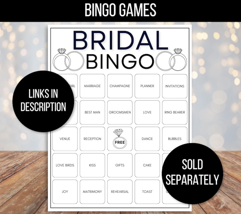 Puede incluir: Una tarjeta de bingo de boda imprimible en blanco y negro con las palabras "BRIDAL BINGO" en la parte superior. La tarjeta tiene 25 casillas con varias palabras relacionadas con la boda, como "matrimonio", "champ&aacute;n", "planificador", "invitaciones", "mejor hombre", "padrinos", "amor", "portador de anillos", "lugar", "recepci&oacute;n", "baile", "burbujas", "p&aacute;jaros enamorados", "beso", "regalos", "pastel", "alegr&iacute;a", "matrimonio", "ensayo" y "brindis".