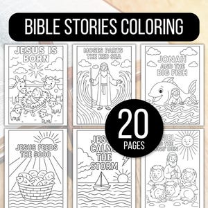 May include: A coloring book with the text "BIBLE STORIES COLORING" at the top. The book features 20 pages of line drawings depicting biblical scenes such as "Jesus is Born" and "Jonah and the Big Fish".