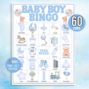 Bingo bébé garçon, 60 cartes de bingo pour bébé garçon, bingo pour baby shower, jeu baby shower, bingo bébé et marqueurs, bingo bébé saupoudrer, saupoudrer bébé