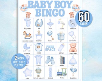 Baby Bingo, 60 Baby Boy Bingo Karten, Baby Shower Bingo, Baby Shower Spiel, Baby Bingo und Marker, Baby Sprinkle Bingo, Baby Sprinkle