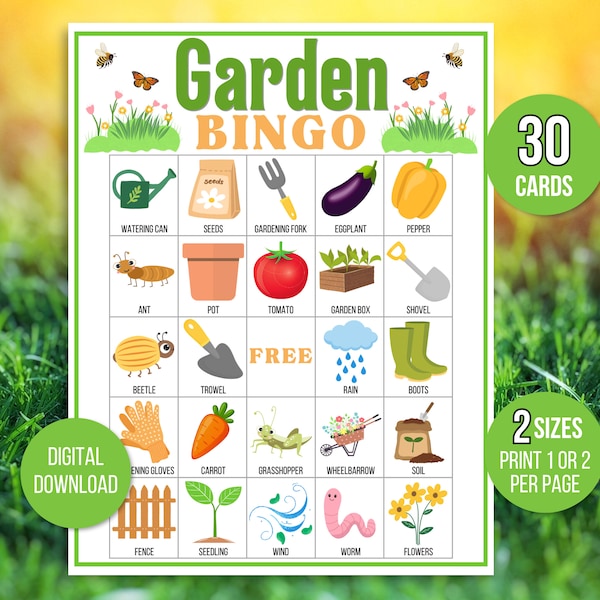 Bingo de jardin, bingo de printemps, jeu de jardin, activité de jardinage, jardin à imprimer, jeu de jardin pour enfants, activité de jardinage en classe, garden-party