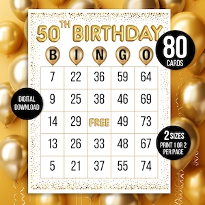 Verjaardag bingo, 80 50e verjaardag bingokaarten, 50e verjaardag spel, gelukkige verjaardag bingoborden, volwassen verjaardagsfeestje spel, verjaardagsactiviteit