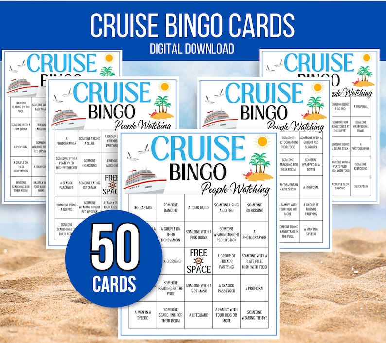 Cruise Bingo, Cruise Games, 50 Cruise Bingo Cards, Cruise Ship People Watching Bingo, Cruise Ship Game, Cruise Vacation Game, Family Cruise