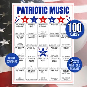Muziekbingo, patriottische muziekbingo, Fourth of July-bingokaarten, patriottische bingo, Independence Day-bingo, 4 juli-spel, veteranenbingo