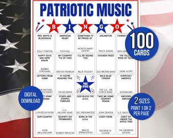 Music Bingo, Patriotic Music Bingo, Fourth of July Bingo Cards, Patriotic Bingo, Independence Day Bingo, 4th of July Game, Veterans Bingo