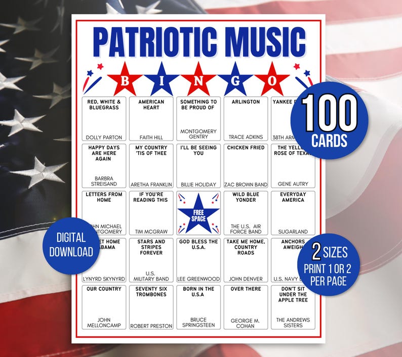 Music Bingo, Patriotic Music Bingo, Fourth of July Bingo Cards, Patriotic Bingo, Independence Day Bingo, 4th of July Game, Veterans Bingo