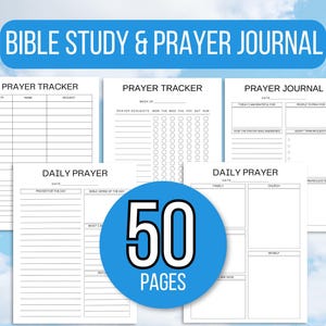 May include: A printable Bible study and prayer journal with 50 pages. The journal includes sections for prayer tracking, daily prayer, and a prayer journal.