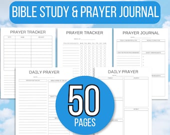 May include: A printable Bible study and prayer journal with 50 pages. The journal includes sections for prayer tracking, daily prayer, and a prayer journal.