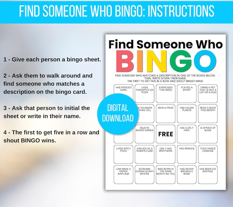Conheça-se Bingo, Encontre alguém que faça Bingo, Encontre o convidado Bingo, Bingo quebra-gelo, Jogo quebra-gelo, Atividade quebra-gelo, Bingo em sala de aula imagem 7
