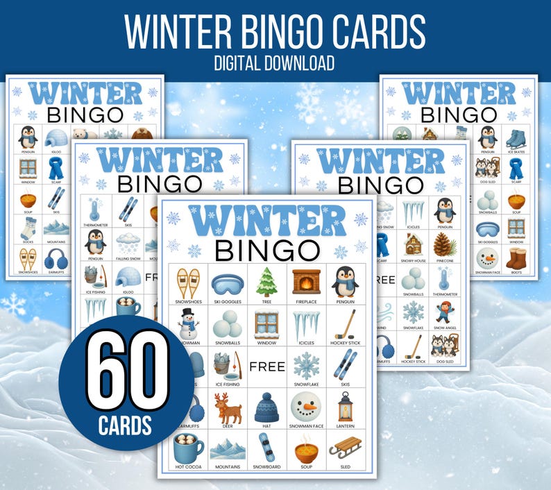 Winter Bingo, 60 Winter Bingo Cards, Winter Games, Winter Activity For Kids, Kids Winter Party Game, Winter Classroom Activity, Winter Games image 2