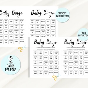 Pu&ograve; includere: Due schede di bingo per bambini stampabili con un elenco di articoli per bambini, come giocattoli, vestiti e accessori. Le schede sono progettate per un gioco di baby shower. Il testo "Baby Bingo" &egrave; in cima a ciascuna scheda. Il testo "Senza istruzioni" &egrave; su un cerchio blu sulla scheda in alto a sinistra. Il testo "Con istruzioni" &egrave; su un cerchio blu sulla scheda in alto a destra.