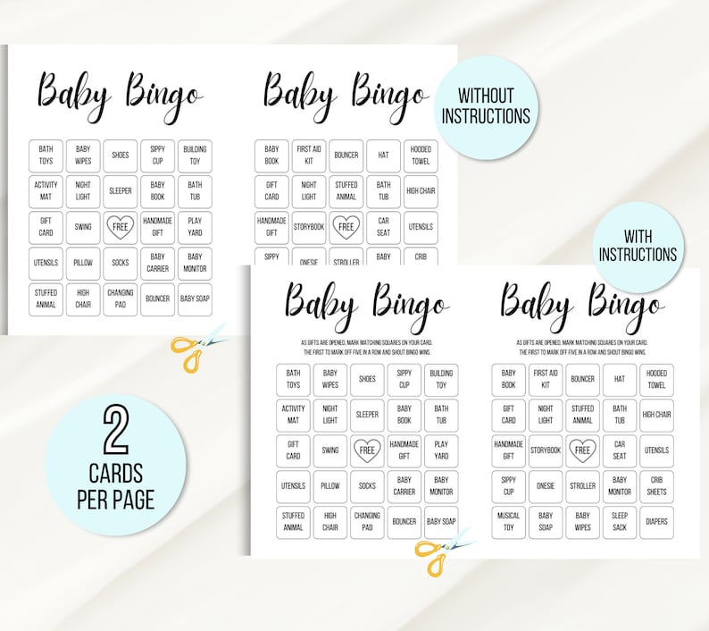 Pu&ograve; includere: Due schede di bingo per bambini stampabili con un elenco di articoli per bambini, come giocattoli, vestiti e accessori. Le schede sono progettate per un gioco di baby shower. Il testo "Baby Bingo" &egrave; in cima a ciascuna scheda. Il testo "Senza istruzioni" &egrave; su un cerchio blu sulla scheda in alto a sinistra. Il testo "Con istruzioni" &egrave; su un cerchio blu sulla scheda in alto a destra.