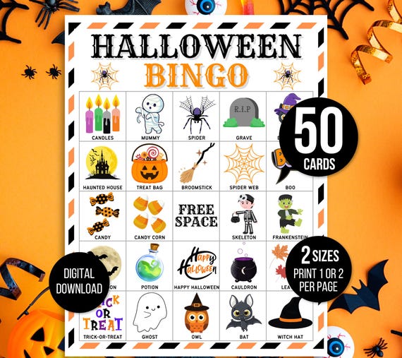 Halloween Bingo, 50 Halloween Bingo Cards, Halloween Games, Kids Halloween Party Game, Halloween Classroom Activity, Cute Halloween Activity